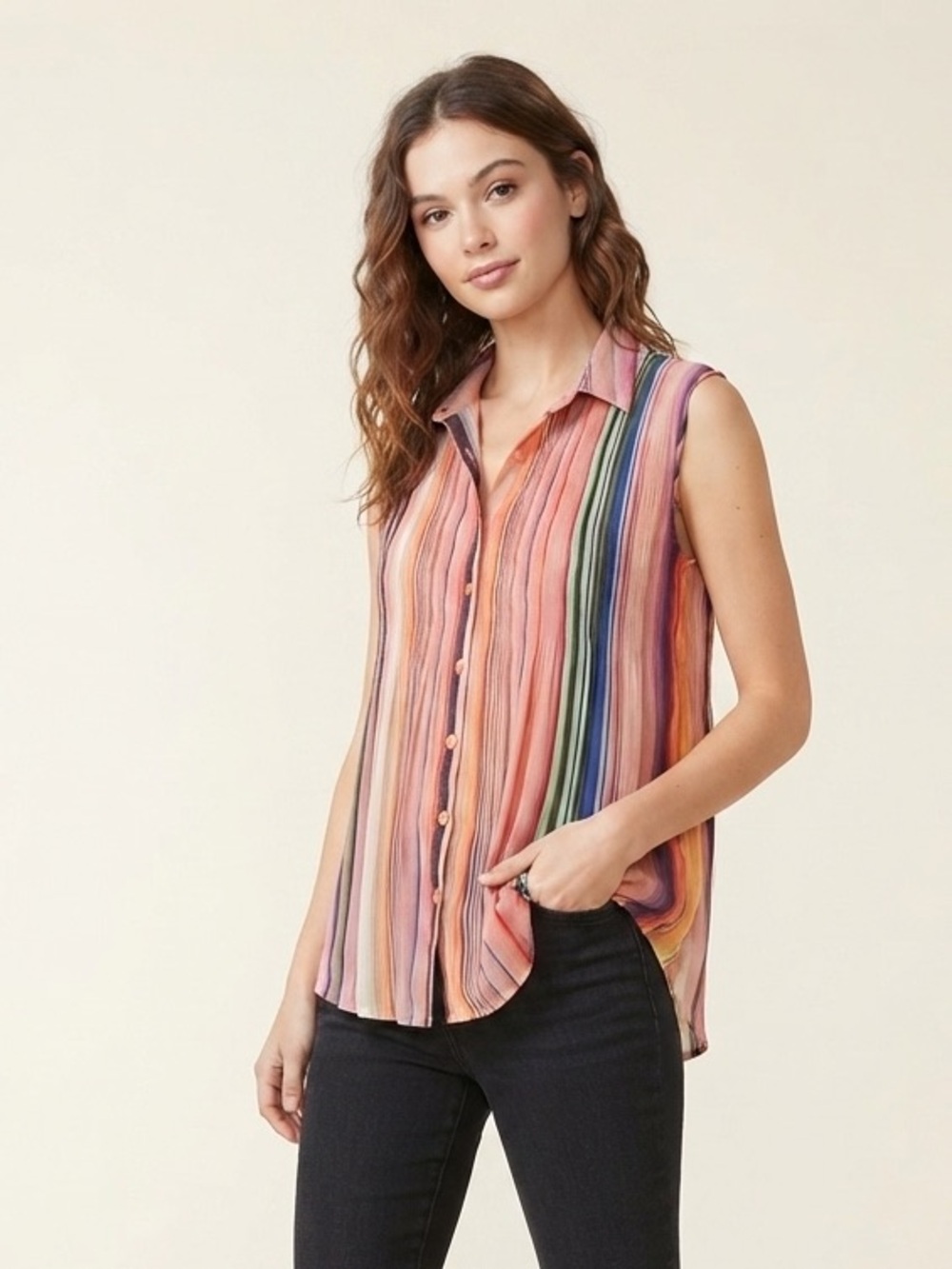 Spense Crinkle Sleeveless Tunic Multicolour Shirt Top Size Small